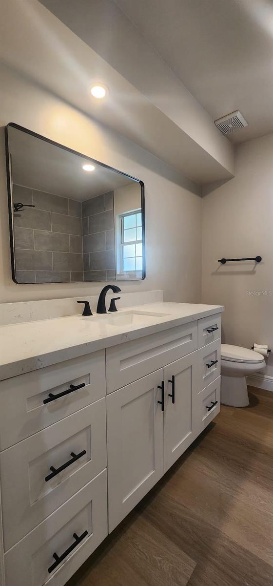 bathroom with vanity, wood-type flooring, and toilet