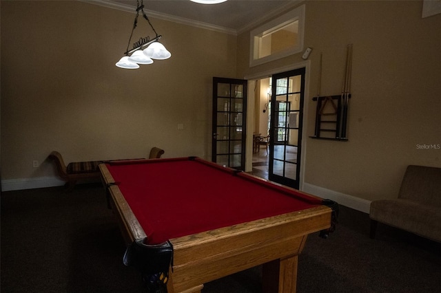 recreation room featuring billiards and ornamental molding