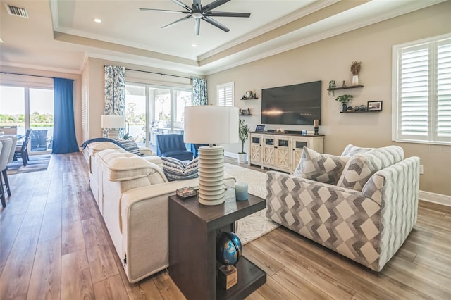 living room featuring a tray ceiling, light hardwood / wood-style flooring, and plenty of natural light