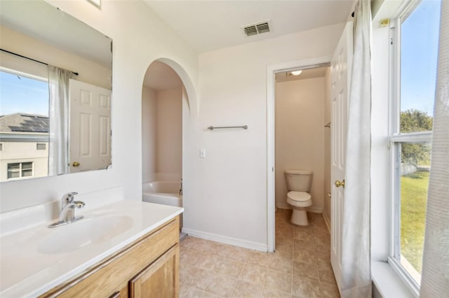 bathroom with vanity, toilet, and a washtub