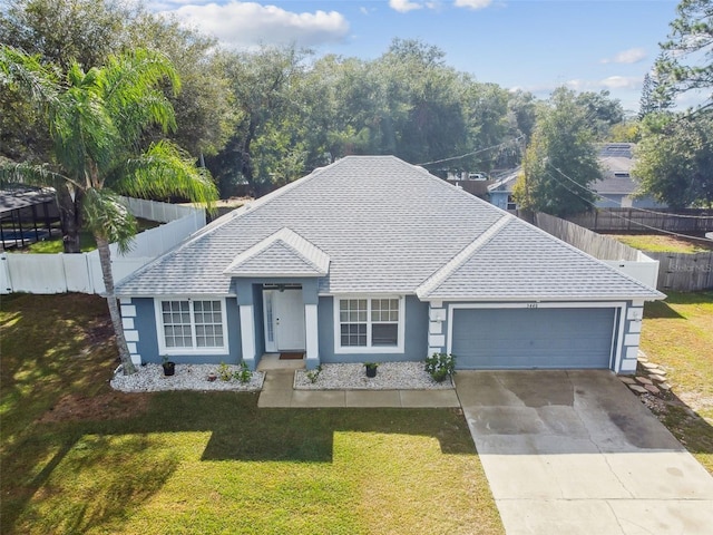 single story home with a garage and a front yard