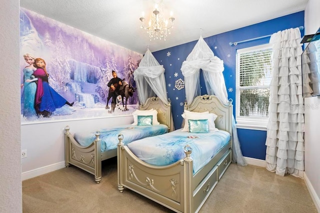 carpeted bedroom with a notable chandelier