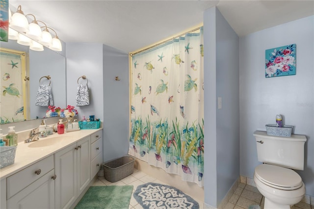 full bathroom with vanity, shower / bathtub combination with curtain, toilet, and tile patterned flooring