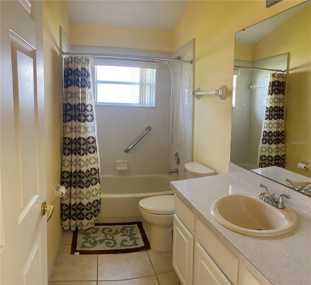 full bathroom with vanity, tile patterned flooring, toilet, lofted ceiling, and shower / bathtub combination with curtain