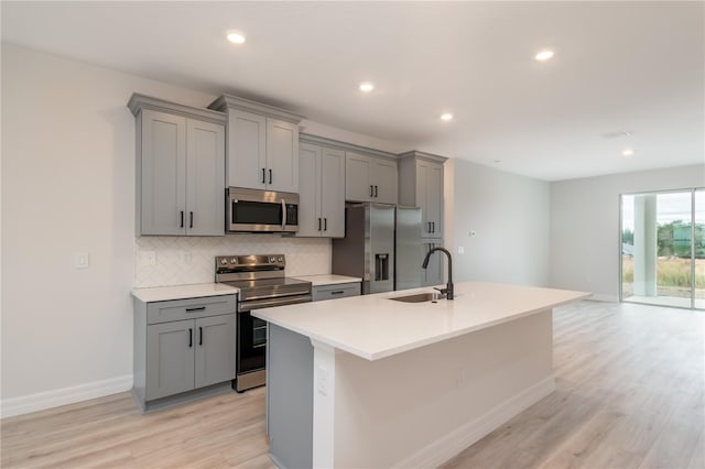 kitchen with sink, stainless steel appliances, gray cabinets, decorative backsplash, and a center island with sink