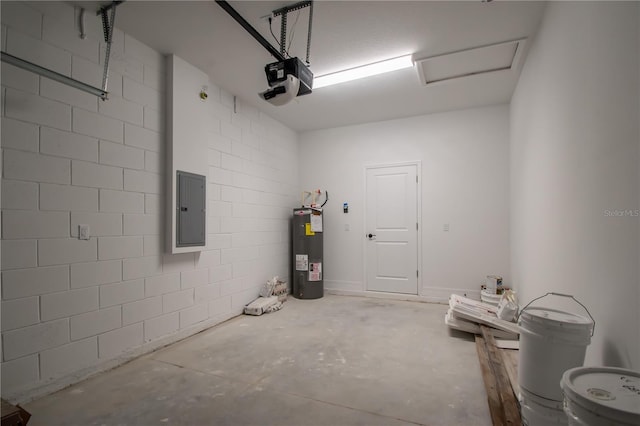 garage featuring electric panel, a garage door opener, and water heater