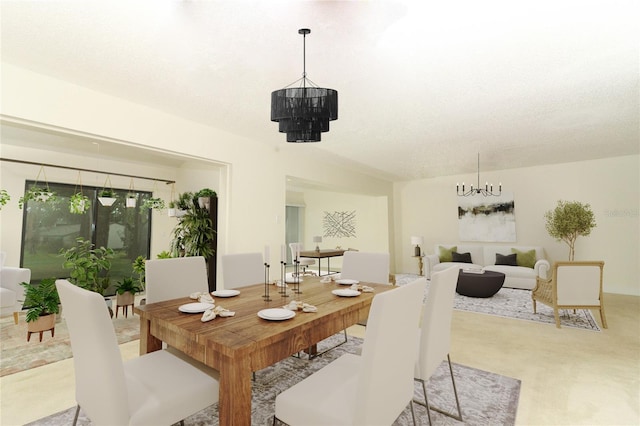 dining area with a notable chandelier, light colored carpet, and a textured ceiling