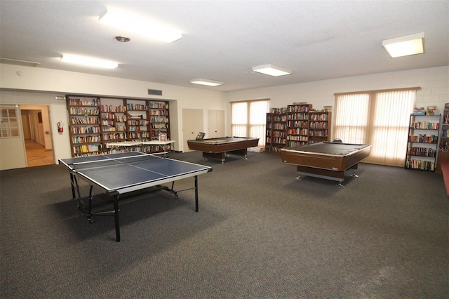 recreation room with carpet flooring and billiards