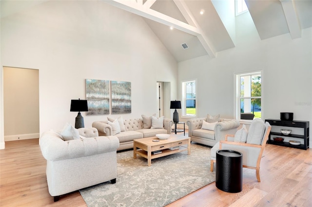 living room featuring high vaulted ceiling, beamed ceiling, and hardwood / wood-style floors