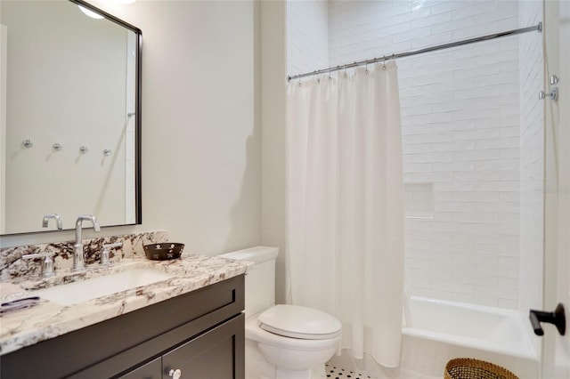 full bathroom featuring vanity, toilet, shower / bathtub combination with curtain, and tile patterned floors