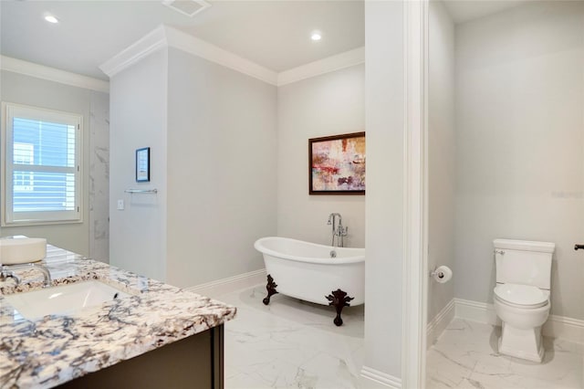 bathroom with toilet, a tub, vanity, and ornamental molding