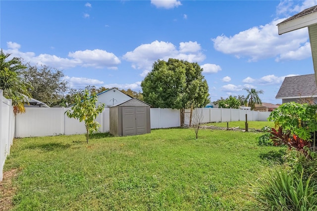 view of yard with an outbuilding, a storage shed, and a fenced backyard