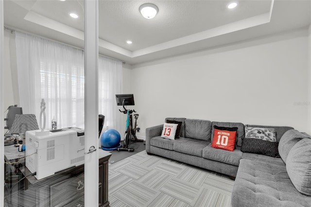 workout area featuring a tray ceiling