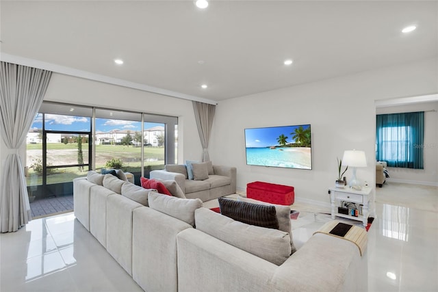 living room featuring light tile patterned flooring