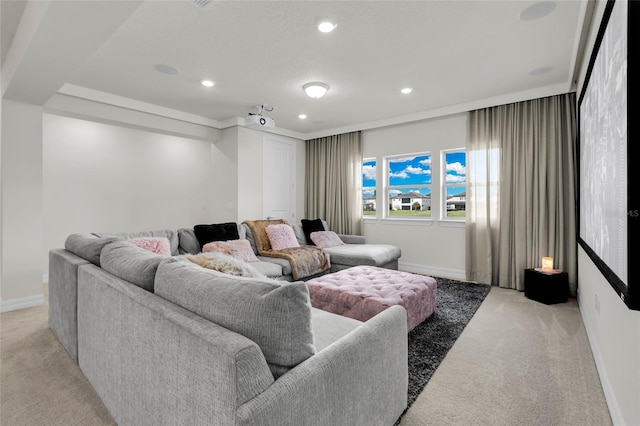 living room with light colored carpet