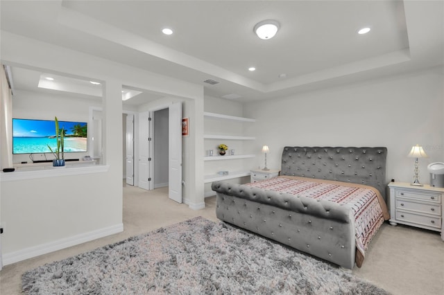 bedroom featuring light colored carpet and a raised ceiling