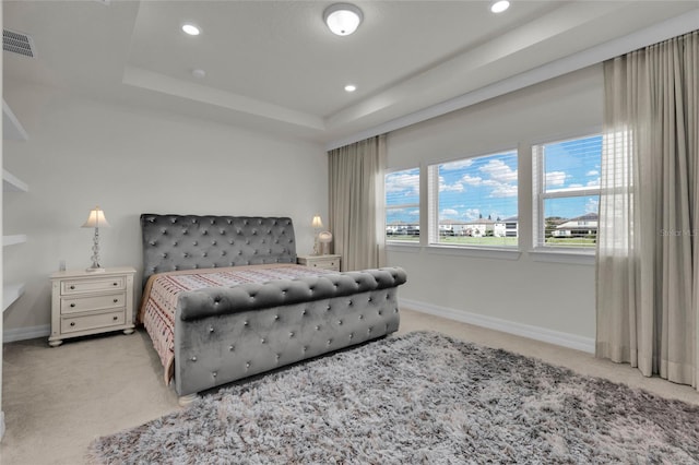 bedroom featuring a tray ceiling and light colored carpet