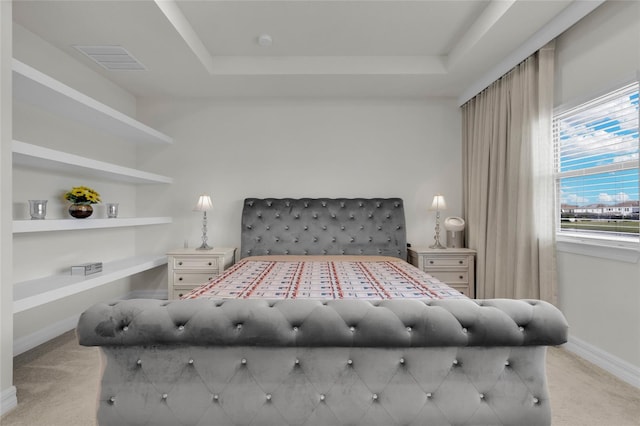 carpeted bedroom featuring a raised ceiling