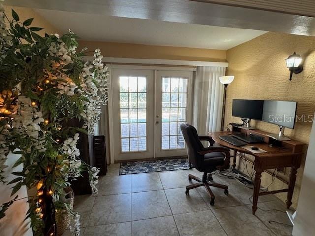 tiled office featuring french doors