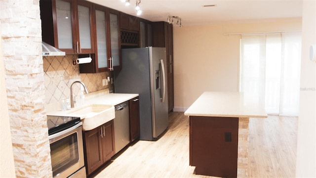 kitchen featuring tasteful backsplash, sink, light hardwood / wood-style floors, dark brown cabinetry, and stainless steel appliances