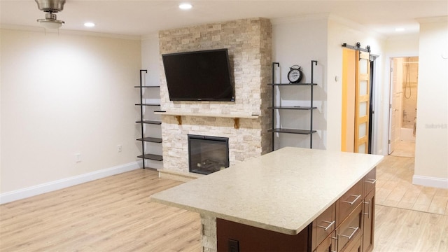 living room featuring a stone fireplace, ornamental molding, light wood-type flooring, and a barn door