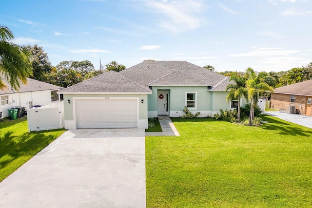 ranch-style home featuring a front yard and a garage