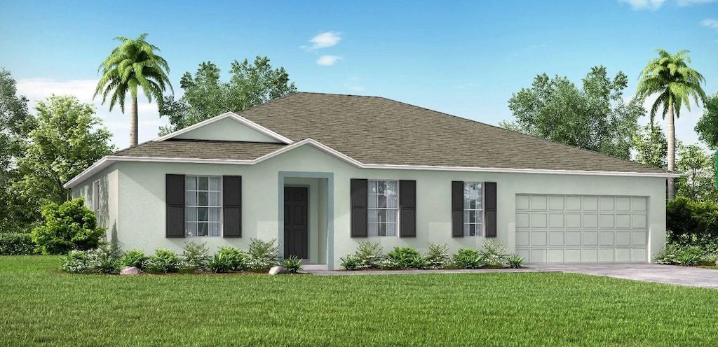 ranch-style home with a garage, stucco siding, concrete driveway, a front yard, and roof with shingles