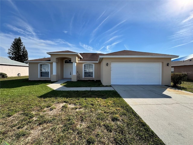 ranch-style house featuring a garage and a front yard