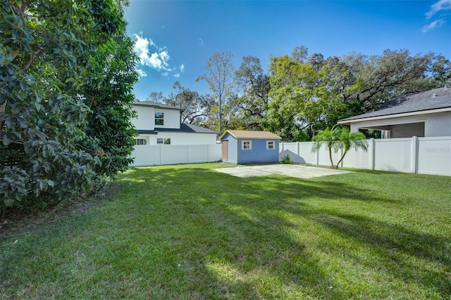 view of yard with a patio and a storage unit