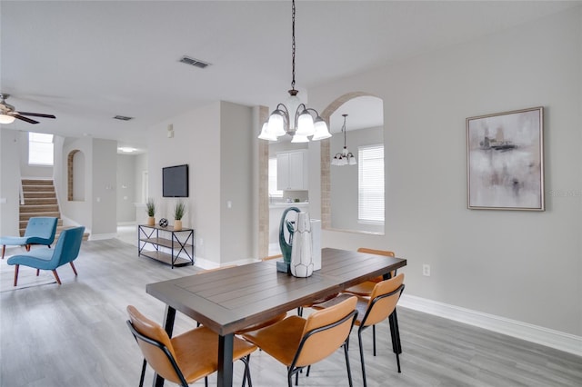 dining space featuring light hardwood / wood-style flooring and ceiling fan with notable chandelier