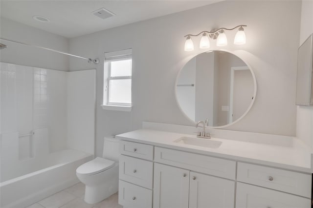 full bathroom featuring visible vents, tile patterned flooring, vanity, bathing tub / shower combination, and toilet