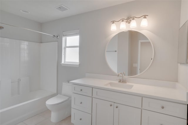 full bathroom with visible vents, tile patterned flooring, vanity, toilet, and bathtub / shower combination