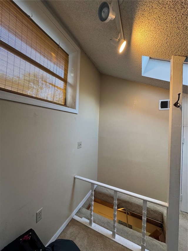 staircase with carpet flooring and a textured ceiling