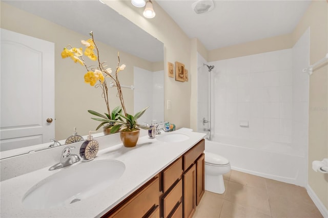 full bathroom featuring vanity, toilet, tile patterned floors, and tiled shower / bath combo