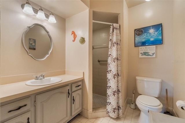 bathroom featuring toilet, walk in shower, vanity, and tile patterned flooring