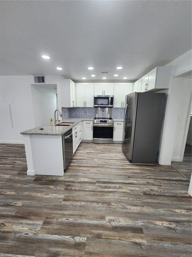 kitchen featuring stainless steel appliances, sink, kitchen peninsula, and dark hardwood / wood-style floors