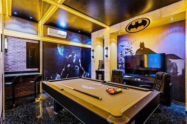 game room with pool table and a wall unit AC