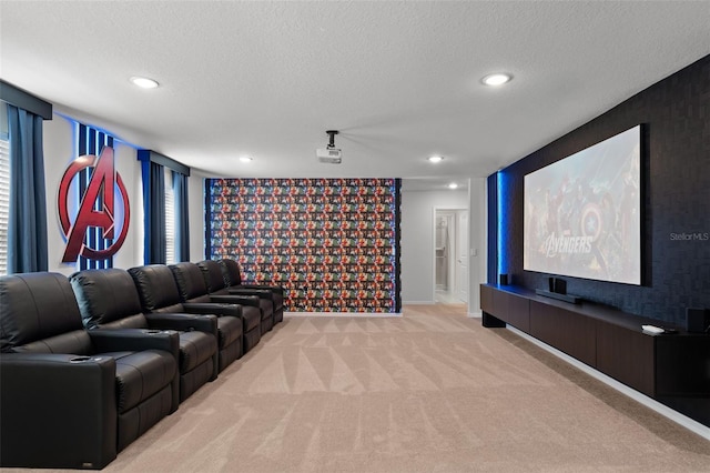 home theater featuring light carpet and a textured ceiling