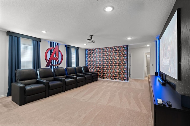 carpeted cinema room with a textured ceiling