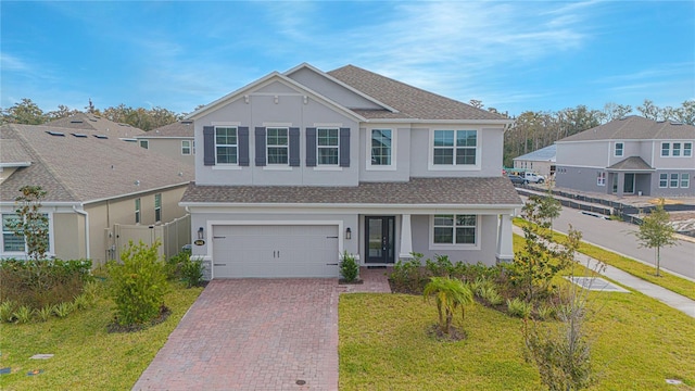 view of front of house with a front yard and a garage