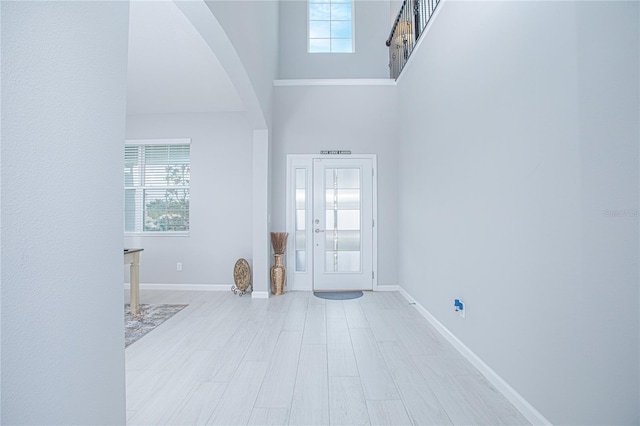 entrance foyer featuring light hardwood / wood-style floors and a high ceiling