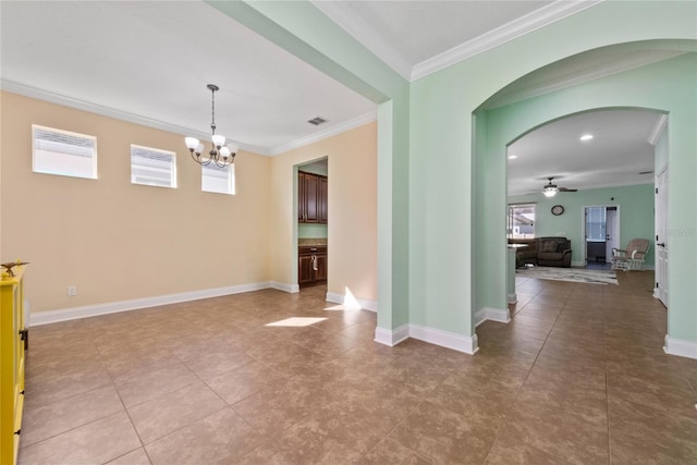 unfurnished room featuring tile patterned floors, crown molding, and ceiling fan with notable chandelier