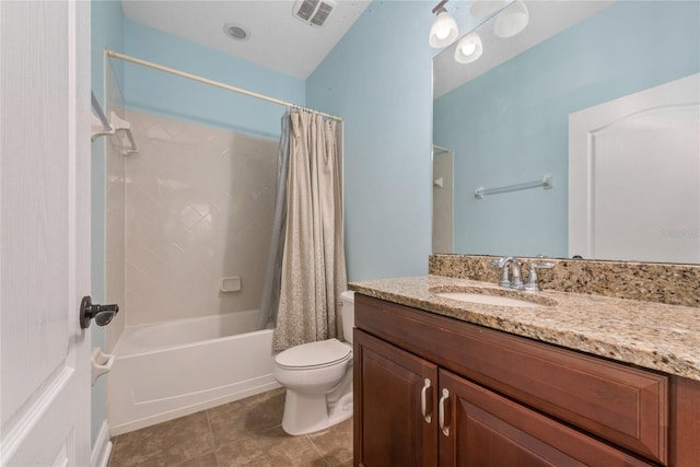 full bathroom with toilet, shower / bath combo with shower curtain, vanity, and tile patterned flooring