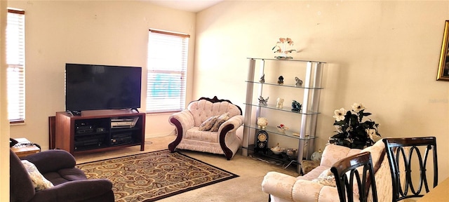 living room featuring light carpet