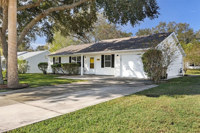 ranch-style house featuring a front yard and a garage