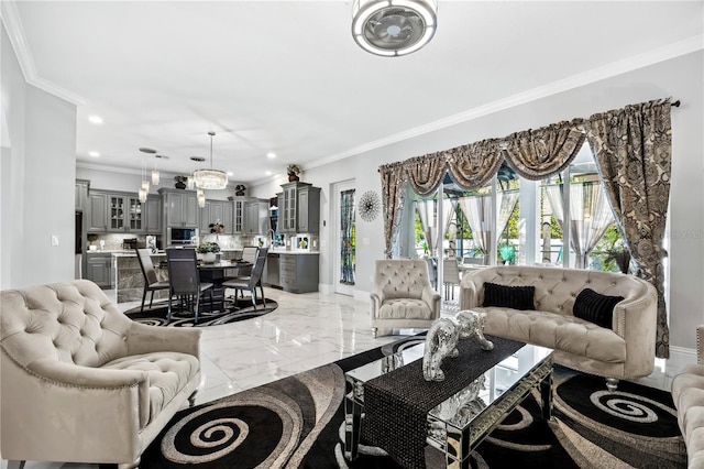 living room featuring crown molding