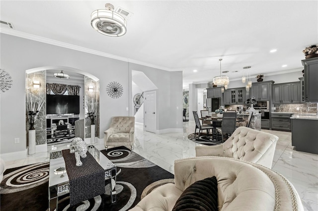 living room featuring ornamental molding