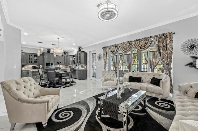 living room featuring ornamental molding