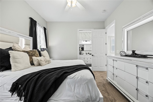 carpeted bedroom with ceiling fan and ensuite bath