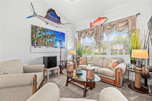 living room with carpet flooring and lofted ceiling